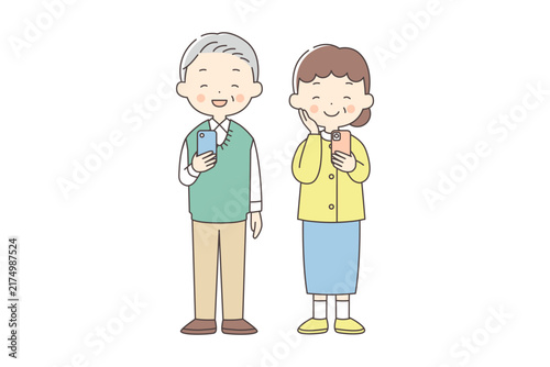 Plakat スマホを持って笑っているシニア男女の全身イラスト