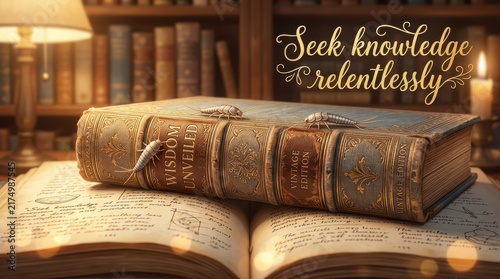 Antique book 'Wisdom Unveiled Vintage Edition' opened on manuscript pages, with insects crawling, set against a backdrop of bookshelves, lamp, and can
