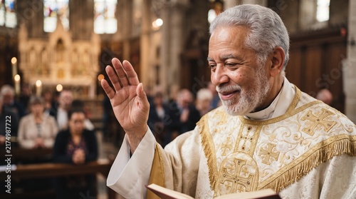 Senior priest blessing congregation during church mass service