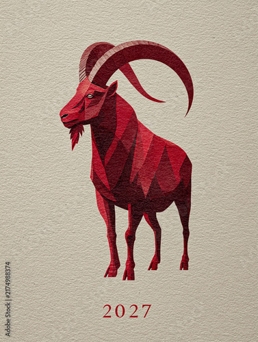 Red stylized goat, symbolizing 2027, on textured beige background. Minimalist design conveys modern, cultural, or zodiac-themed concepts. Perfect for New Year, horoscope