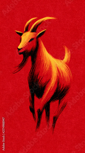Stylized goat stands in motion against a textured red background. Its fur glows golden with dark outlines, giving it a vintage photo look. The animal appears dynamic, mid-stride, exuding energy