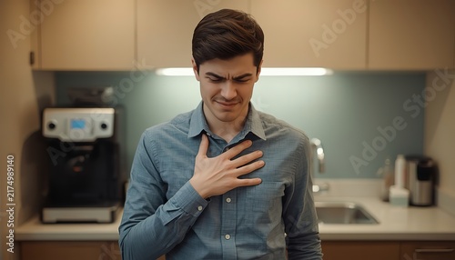 Young man experiencing chest pain and discomfort at home.