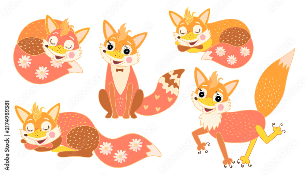 Fototapeta premium Cute set with five foxes in different poses isolated on white background