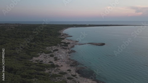 Cinematic high-angle drone flight over Punta della Suina natural park in Salento, Southern Italy. Scenic coastline with clear sea and pine forest during twilight.