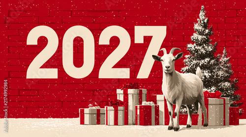 Goat stands beside wrapped gifts under a snowy tree. Large '2027' text dominates the red brick background. Festive winter scene with holiday cheer. Perfect for New Year, Christmas