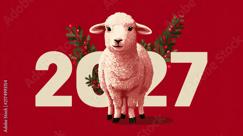 Cute pink sheep stands proudly before the year 2027 text. Red background with festive greenery accents. Cheerful holiday-themed design for New Year celebrations. Great for greeting cards, banners