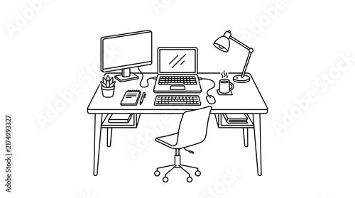 Home Office Workspace Line Art Illustration