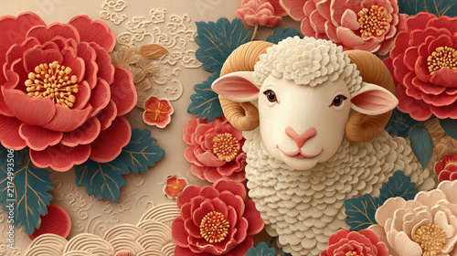 Festive sheep with textured wool and colorful paper blooms