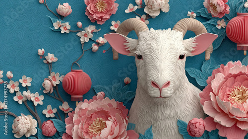 Festive sheep with textured wool and colorful paper blooms