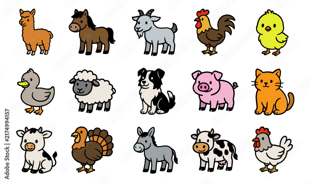 Fototapeta premium A charming collection of cartoon farm animals, including a llama, horse, goat, rooster, duck, sheep, dog, pig, cat, cow, turkey, donkey, and chicken.