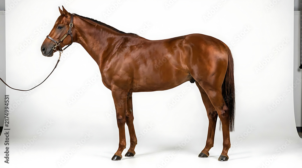 Obraz premium Brown thoroughbred horse standing against a white studio background.