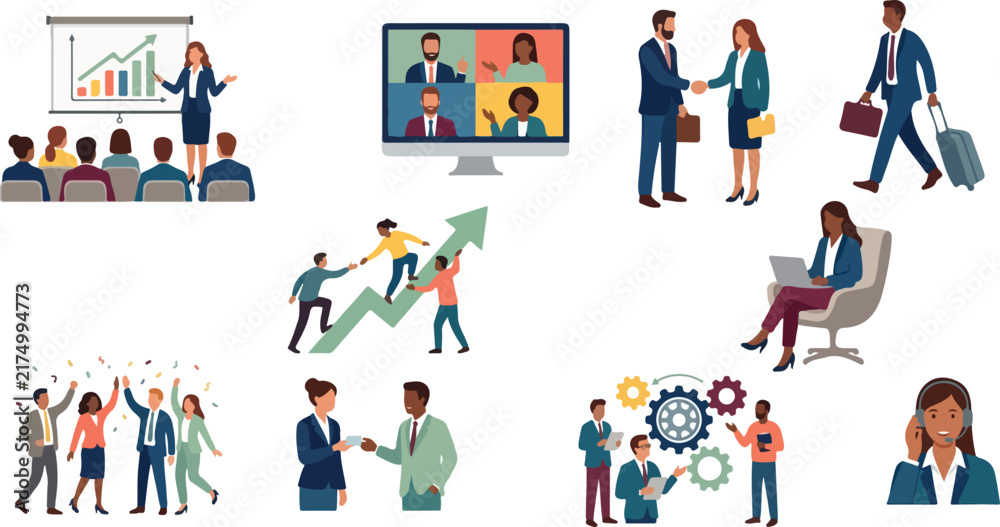Fototapeta premium Set of business people working team meeting corporate characters vector illustration