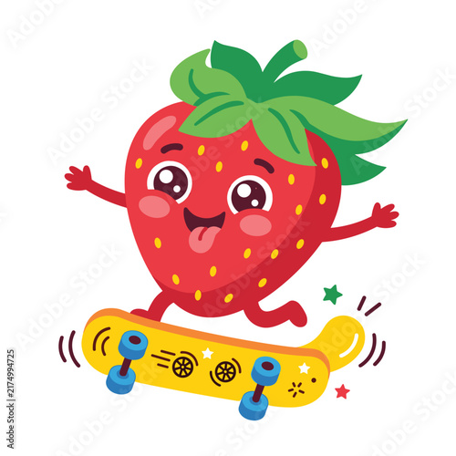 Happy Strawberry Character Skateboarding Excitingly with Tongue Out