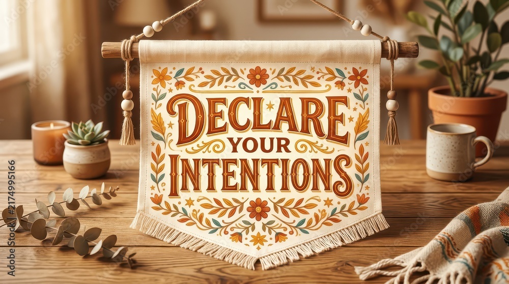 Fototapeta premium Decorative Banner Declares Your Intentions with Floral Pattern, Displayed on a Wooden Table with Plants and Candle