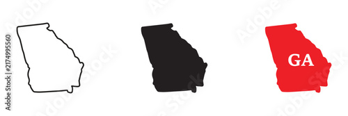 Three variations of the georgia state map outline, including a black line a solid black silhouette, and a red shape with ga