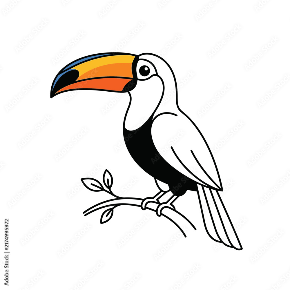 Naklejka premium A cartoon toucan with a large colorful beak perched on a branch with leaves, isolated on white.