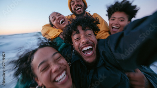 Happy Diverse Friends Taking Joyful Selfie on Beach