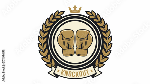 Bild auf Leinwand Vintage Golden Boxing Emblem with Gloves Laurel Wreath Crown and Knockout Ribbon