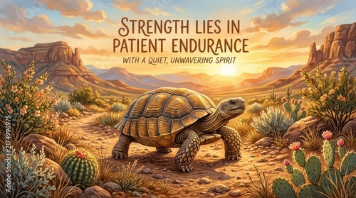 Desert tortoise symbolizes strength, patience, and endurance amidst a scenic sunset landscape with inspirational text.