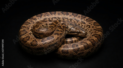 Naklejka Coiled brown snake on black background
