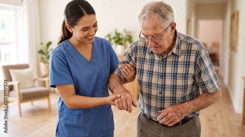 > Compassionate female nurse gently helping an elderly man to walk. Home caregiver providing physical assistance, senior care and mobility rehabilitation concept.
