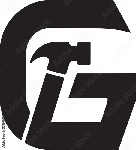 Geometric Hammer Monogram Logo, Bold Black Mechanical Tool Symbol, Industrial Construction Engineering Icon, Minimalist Abstract Letter Mark on Transparent Background