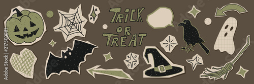 Halloween holiday symbols cut out from torn paper elements with jagged edges. Broom, bat, crow, ghost, spider web. Pack for social media, journals, stickers, and cards, notebooks, vintage collages.