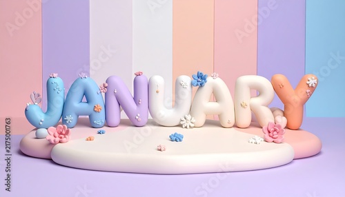 Cute January Text Decoration with Pastel Colors and Flowers.