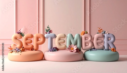 September Month Display with Floral Accents on Pastel Pedestals.