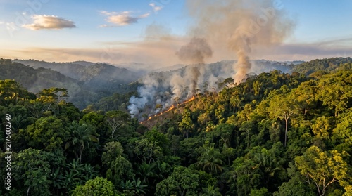 Elevated view of active fires and smoke plumes within a green rainforest