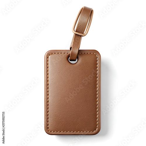 A blank brown leather luggage tag isolated on a white background for travel and vacation branding