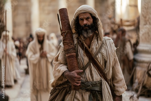 Portrait of a bearded man in ancient robes carrying a scroll