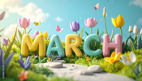Charming 3D March Text Amidst a Vibrant Spring Meadow with Tulips and Butterflies.