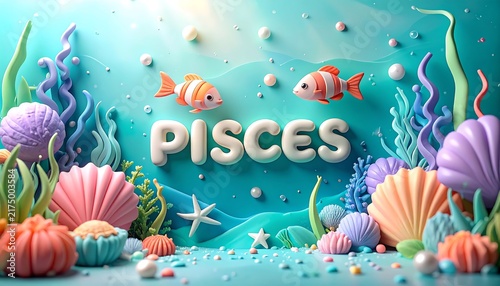 Whimsical Underwater Pisces Zodiac Sign with Colorful Marine Life and Bubbles.
