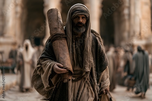 Middle eastern man with a beard and head covering carrying a large scroll in an ancient city