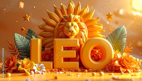 Golden Leo Zodiac Sign with Lion Head and Floral Accents.