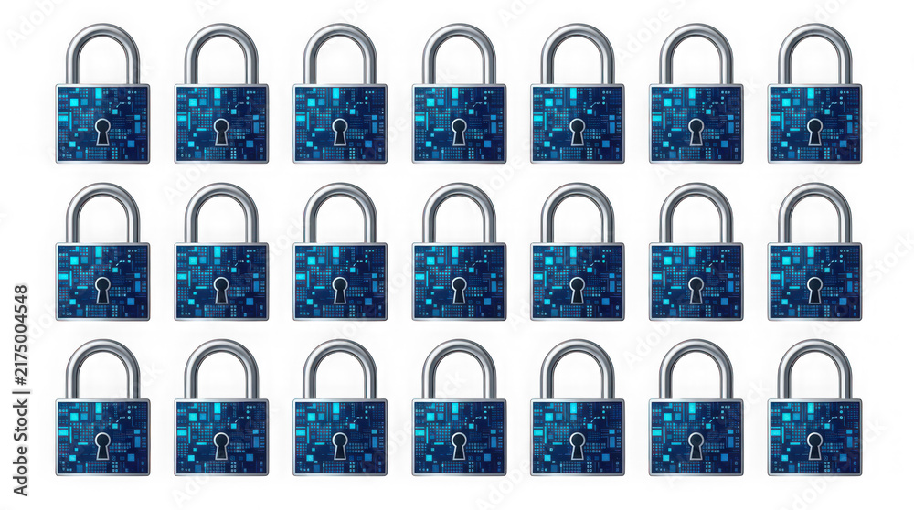 Fototapeta premium Set of blue padlocks with digital network pattern