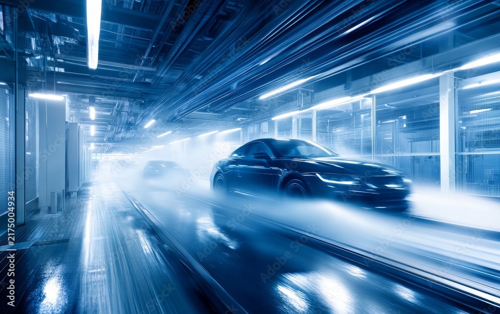 Fototapeta premium A sleek, futuristic car speeds through a brightly lit, high-tech tunnel, creating a sense of motion and advanced automotive technology