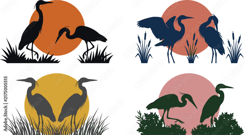 Fototapeta premium Heron Bird Silhouette Illustration Set with Wading Cranes, Wetland Reeds, Bushes and Colorful Sunset Circle Backgrounds