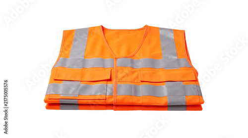 Orange high visibility safety vest with reflective silver stripes. Industrial protective workwear garment. Neon security waistcoat on white background.