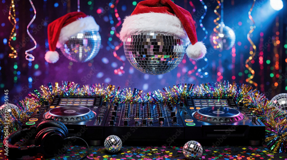 Fototapeta premium DJ decks with disco balls and Santa hats await New Year celebration. Festive lights sparkle, creating vibrant party atmosphere. Music setup ready for holiday dance and fun.