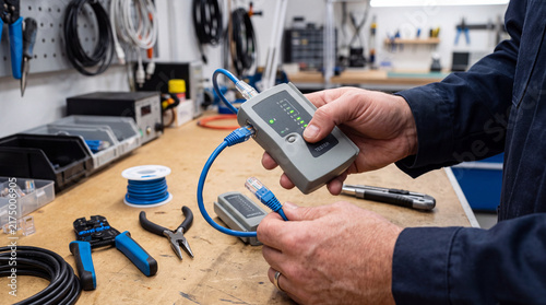Plakat Technician using a network cable tester with connected blue ethernet cables