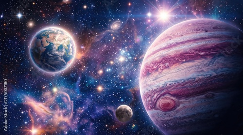 Stunning cosmic view featuring a large gas giant planet and a glowing earth like world in deep space