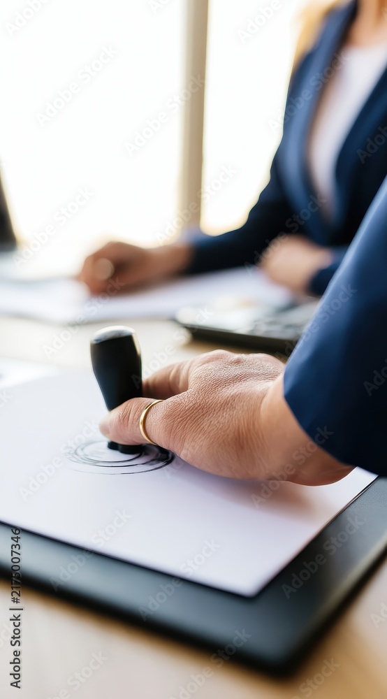 Fototapeta premium Business person stamping a document with a rubber seal in a professional office setting.