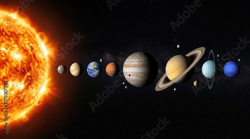 A detailed illustration of the solar system showing the sun and all eight planets in a line