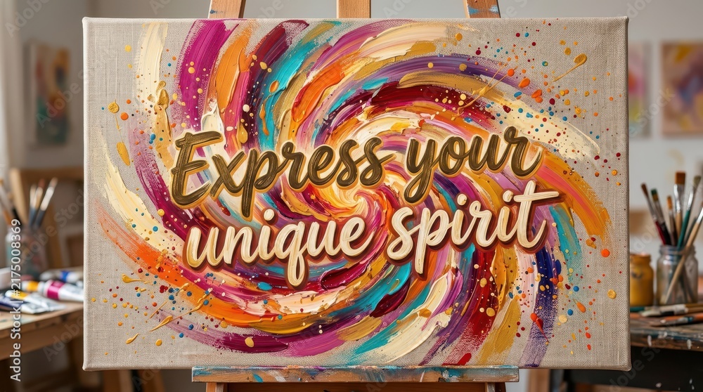 Obraz premium Express Your Unique Spirit - Vibrant Abstract Swirl Painting with Golden Text, Artistic Studio Background