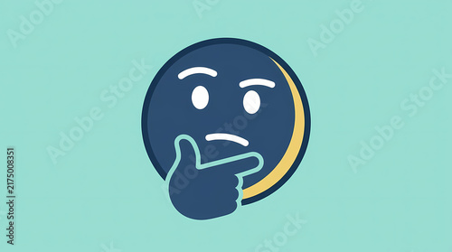 A contemplative dark blue circular character symbol demonstrating a thoughtful expression with a hand gesture near the chin area representing deep processing of information and critical