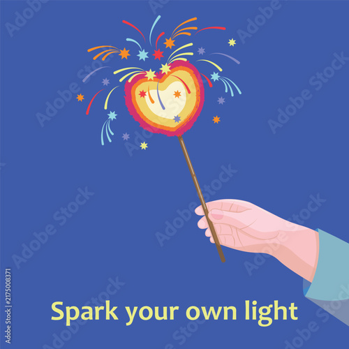 Illustration of a hand holding a heart shaped lit sparkler or  firework