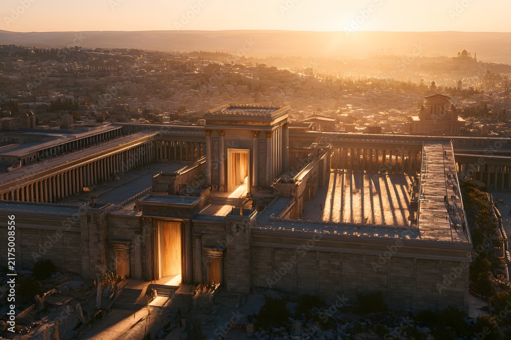 Fototapeta premium Aerial view of the second temple of jerusalem at sunrise with ancient city architecture