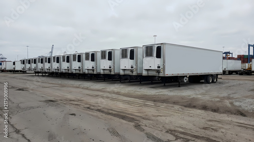 A row of refrigerated semi trailer units waiting for transport at a shipping yard to deliver temperature controlled freight across the country in this busy logistics hub during the daytime season